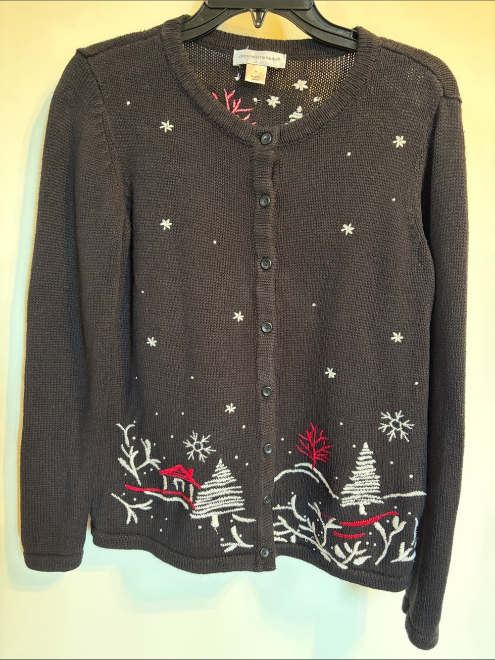 Christopher & Banks Christmas Cardigan M Embroidered Winter Snow Scene 2012